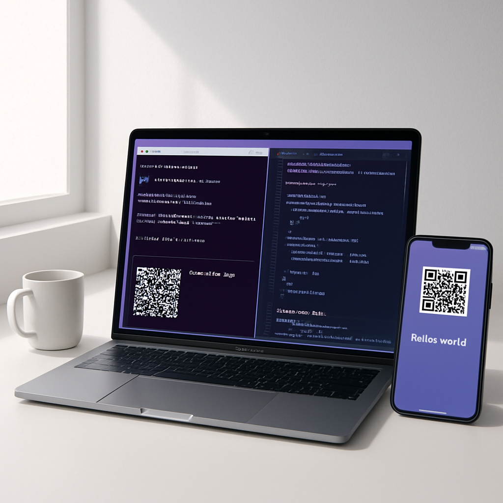 Workspace de desenvolvedor com laptop mostrando código e smartphone com preview em tempo real via QR code