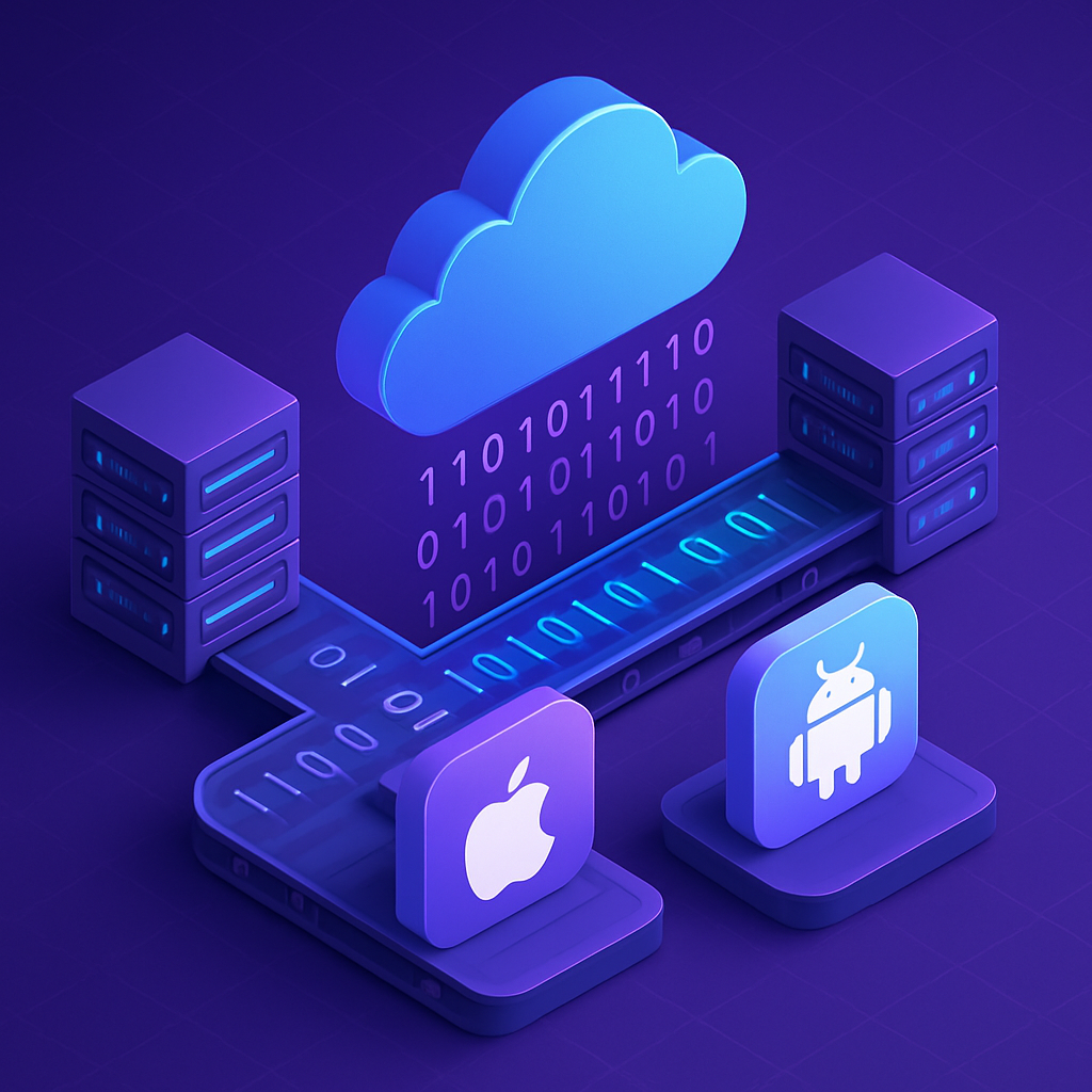 Ilustração de pipeline automatizado de build cloud para apps iOS e Android com servidores e fluxo de dados