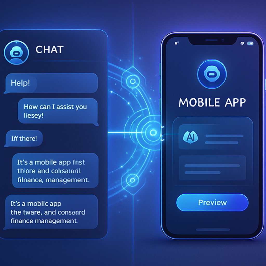 Interface mostrando conversa com IA e preview de app mobile em tempo real
