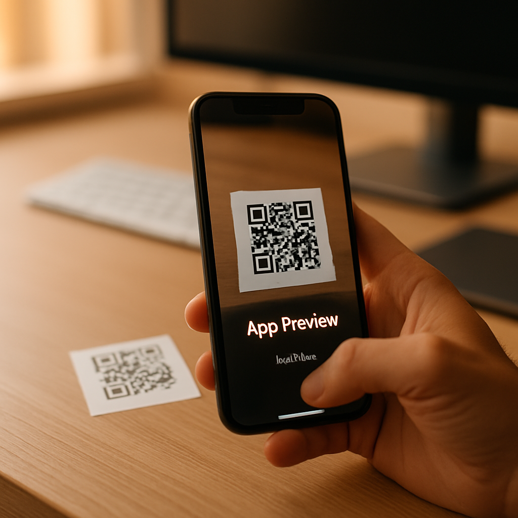 Usuário escaneando QR code para preview instantâneo de app mobile