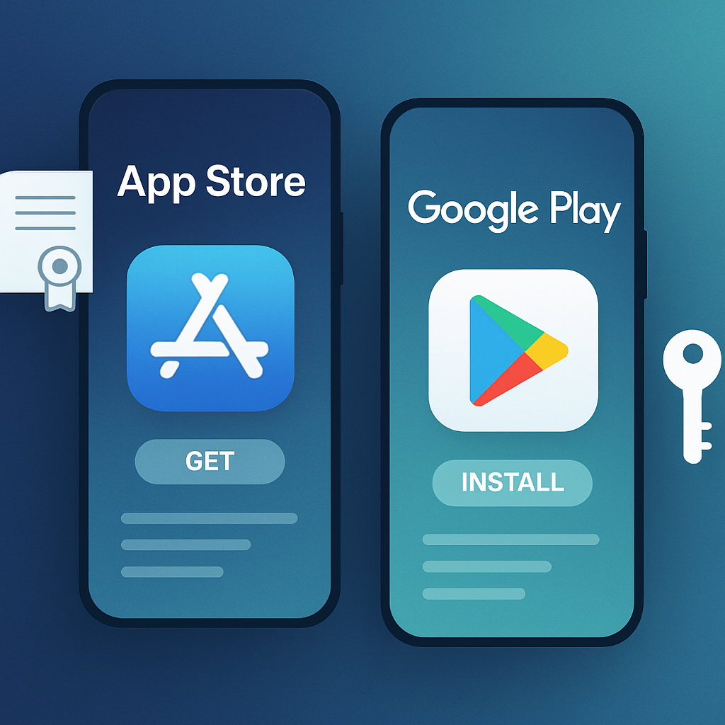 Processo visual de submissão de apps para App Store e Google Play