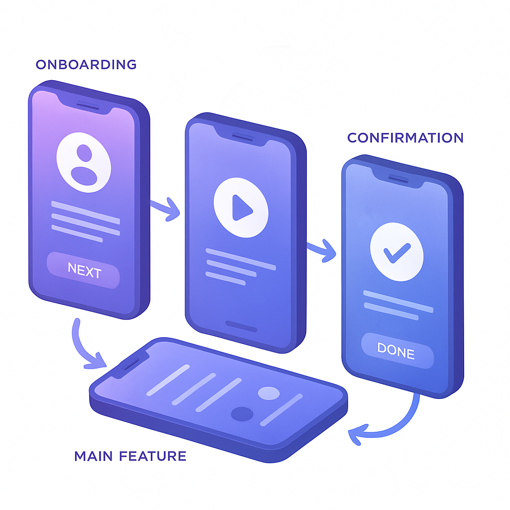 Fluxo visual das quatro telas essenciais de um MVP de app mobile