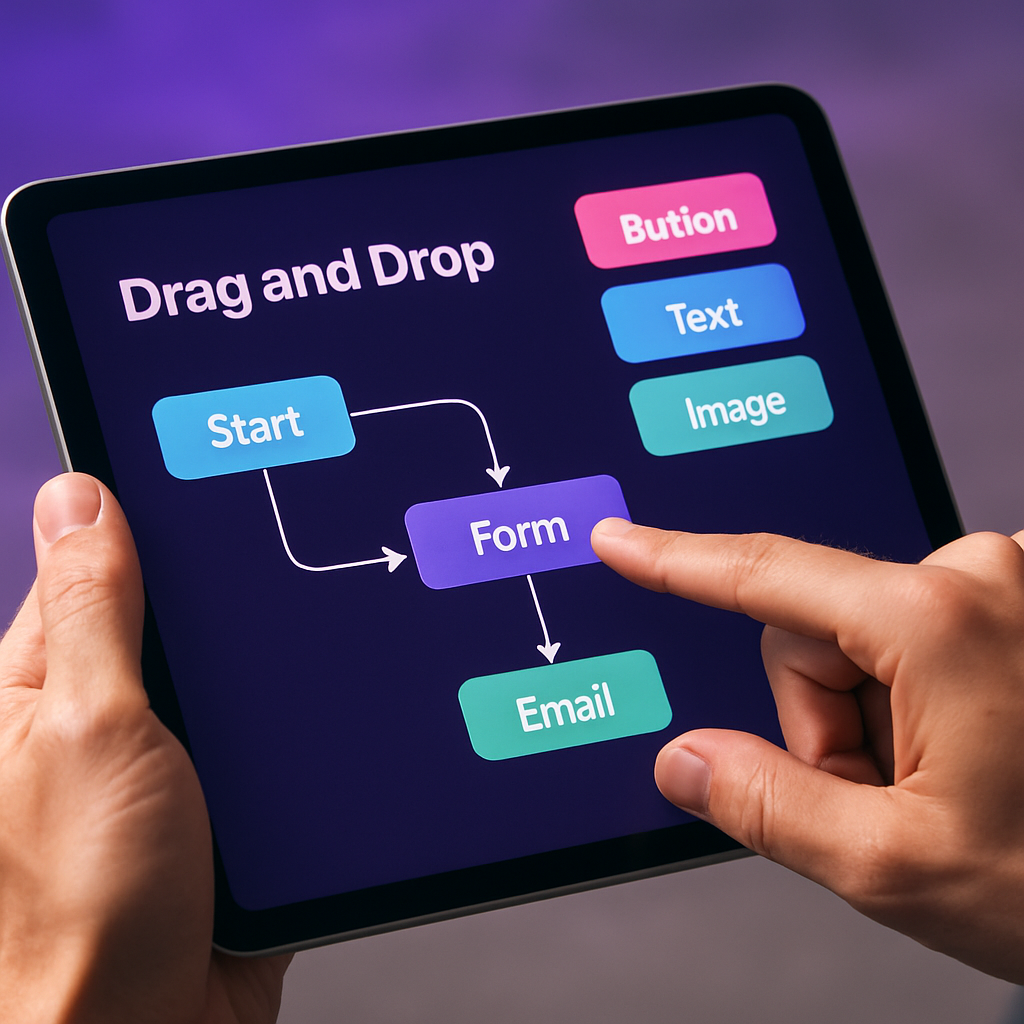 Interface de plataforma no-code com componentes visuais sendo arrastados