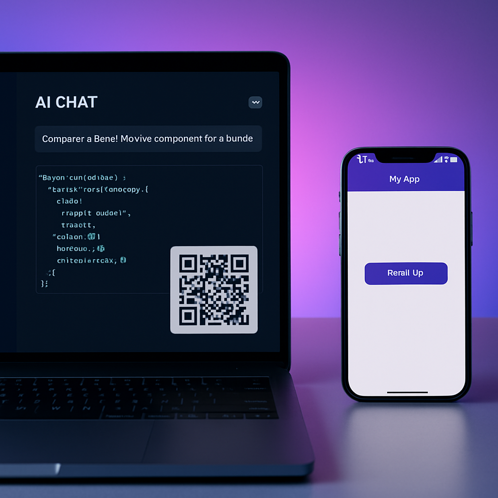 Preview de app mobile em smartphone conectado com código sendo gerado por IA