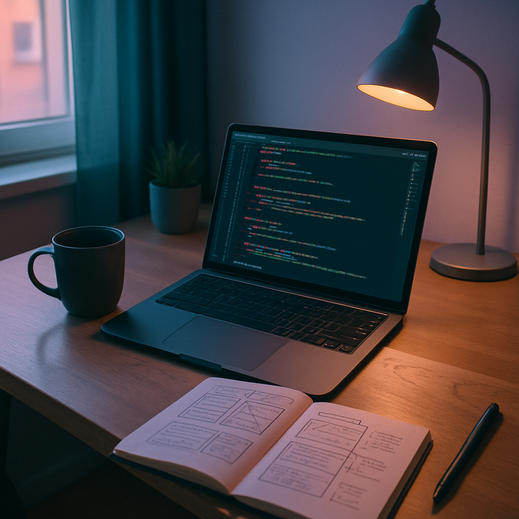 Workspace de desenvolvedor freelancer com laptop e ferramentas de trabalho