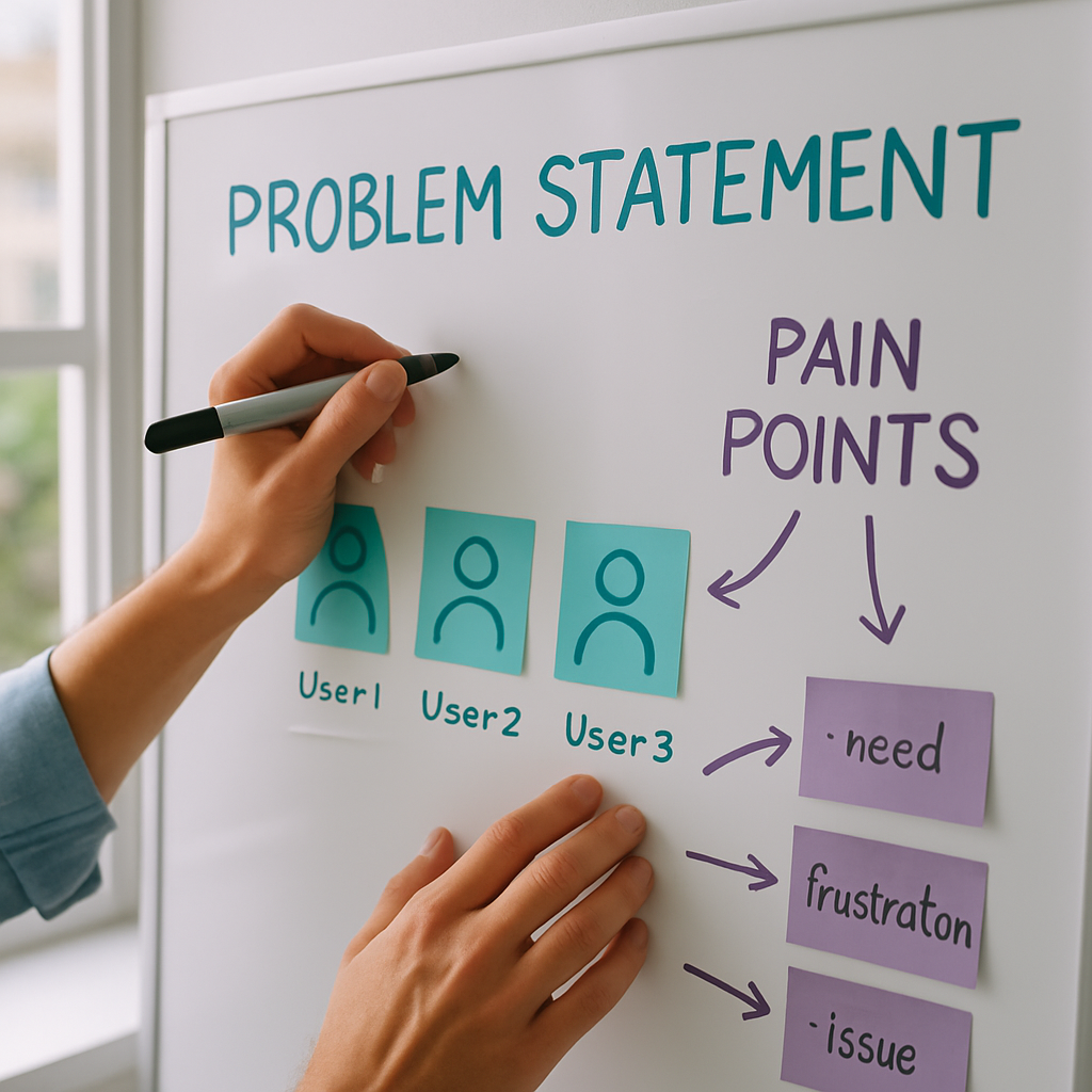 Mapeamento de problema e persona de usuário em whiteboard com post-its organizados